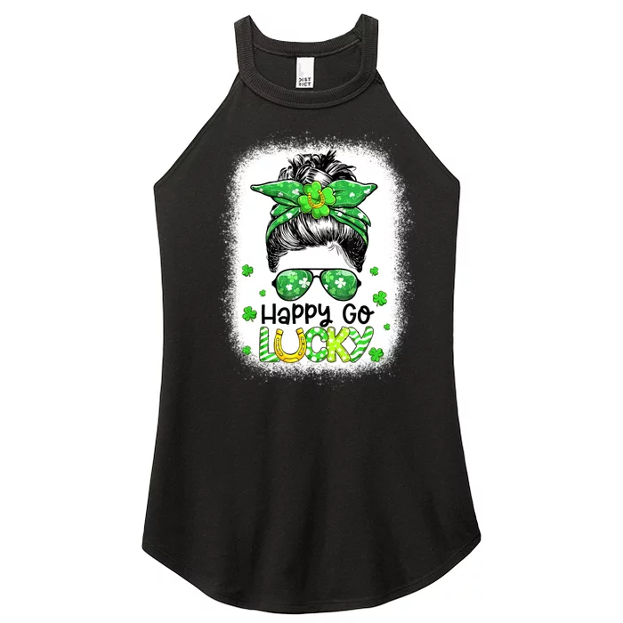 Happy Go Lucky Messy Bun Women Shamrock St Patrick's Day Women’s Perfect Tri Rocker Tank