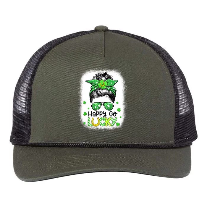 Happy Go Lucky Messy Bun Women Shamrock St Patrick's Day Retro Rope Trucker Hat Cap