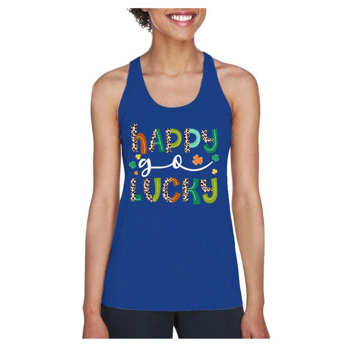 Happy Go Lucky St Patricks Day Leopard Lucky Clover Shamrock Cool Gift Women's Racerback Tank