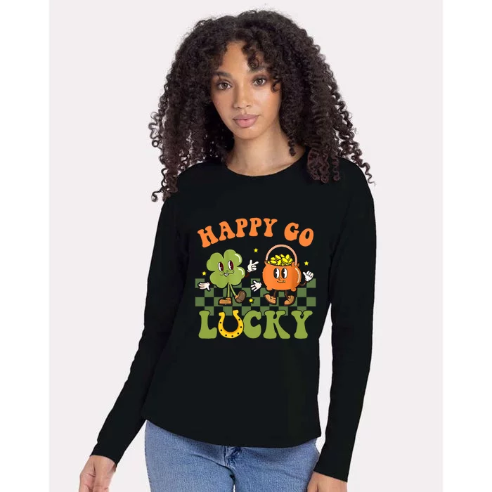 Happy Go Lucky St Patrick's Day Retro Groovy Shamrock Irish Great Gift Womens Cotton Relaxed Long Sleeve T-Shirt