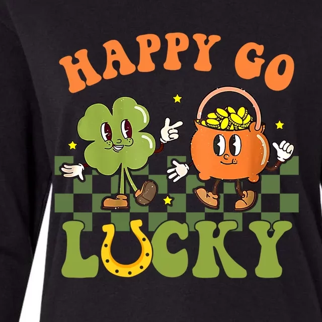 Happy Go Lucky St Patrick's Day Retro Groovy Shamrock Irish Great Gift Womens Cotton Relaxed Long Sleeve T-Shirt