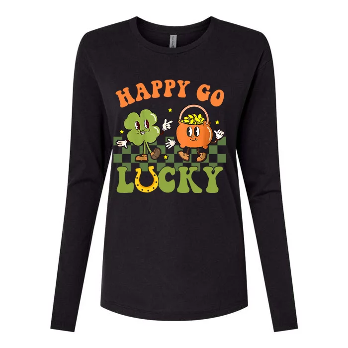 Happy Go Lucky St Patrick's Day Retro Groovy Shamrock Irish Great Gift Womens Cotton Relaxed Long Sleeve T-Shirt