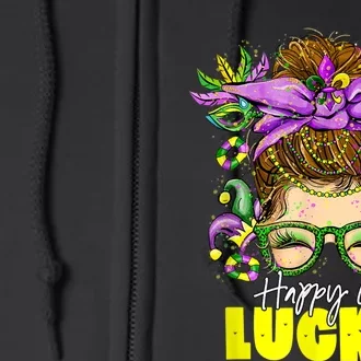 Happy Go Lucky Messy Bun Shamrock St Patrick's Day Full Zip Hoodie