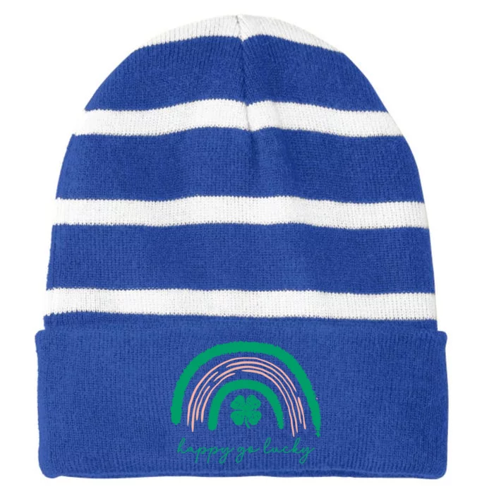 Happy Go Lucky St Patricks Day Clover Rainbow Gift Striped Beanie with Solid Band