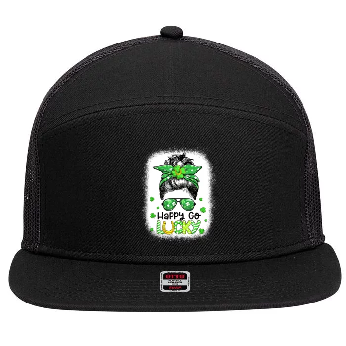 Happy Go Lucky Messy Bun Women Shamrock St Patrick's Day 7 Panel Mesh Trucker Snapback Hat