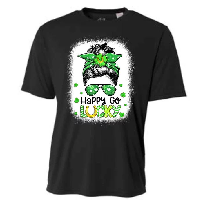 Happy Go Lucky Messy Bun Women Shamrock St Patrick's Day Cooling Performance Crew T-Shirt