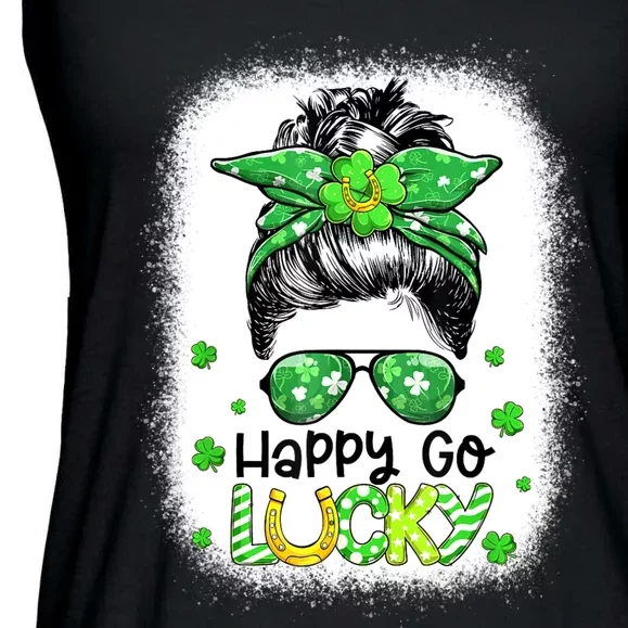 Happy Go Lucky Messy Bun Women Shamrock St Patrick's Day Ladies Essential Flowy Tank