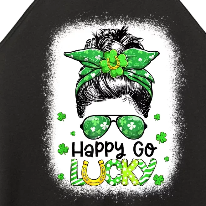 Happy Go Lucky Messy Bun Women Shamrock St Patrick's Day Women’s Perfect Tri Rocker Tank