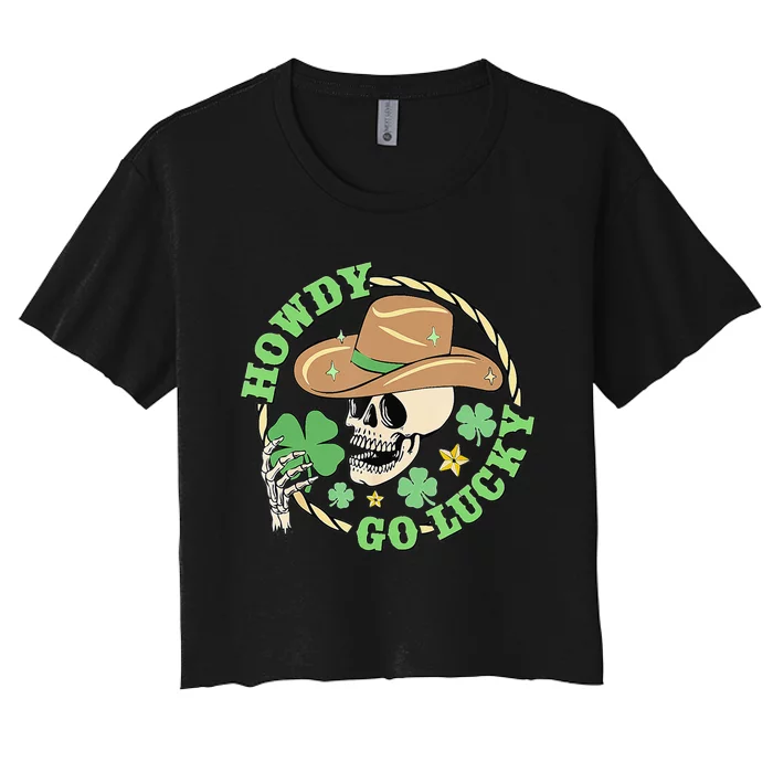 Howdy Go Lucky Cow Skull St Patricks Day Irish Shamrock Women's Crop Top Tee