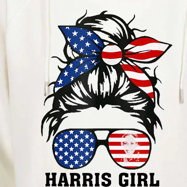 Harris Girl Messy Bun 2024 Vote President Kamala Campaign Womens Funnel Neck Pullover Hood