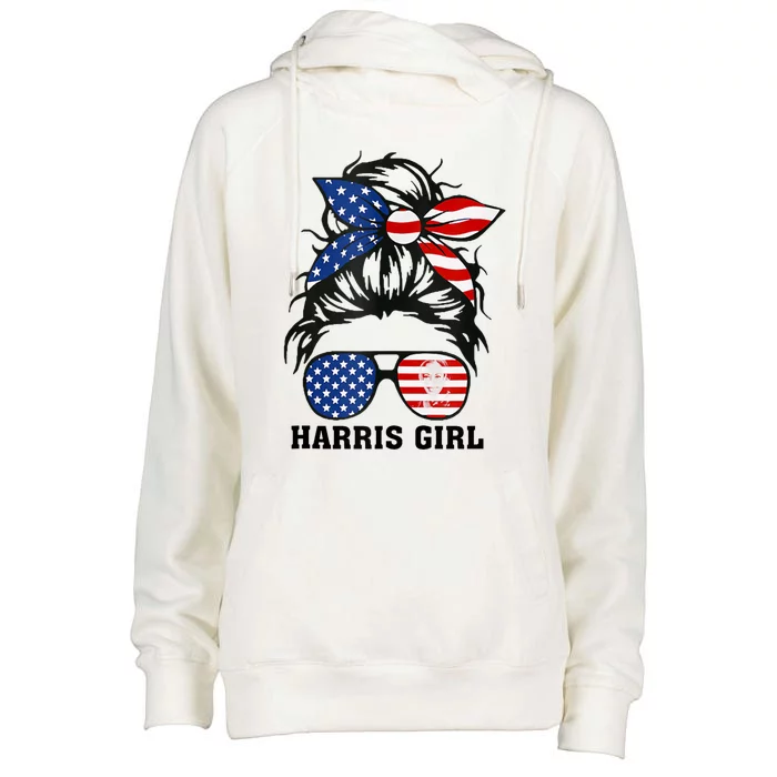 Harris Girl Messy Bun 2024 Vote President Kamala Campaign Womens Funnel Neck Pullover Hood