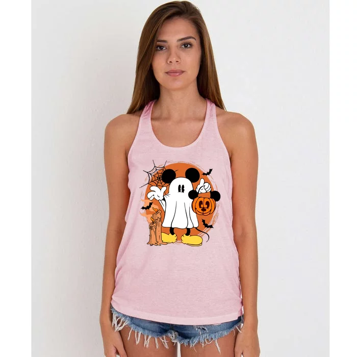 Halloween Ghost Mouse Pumpkin Retro Spooky Vibe Women's Knotted Racerback Tank