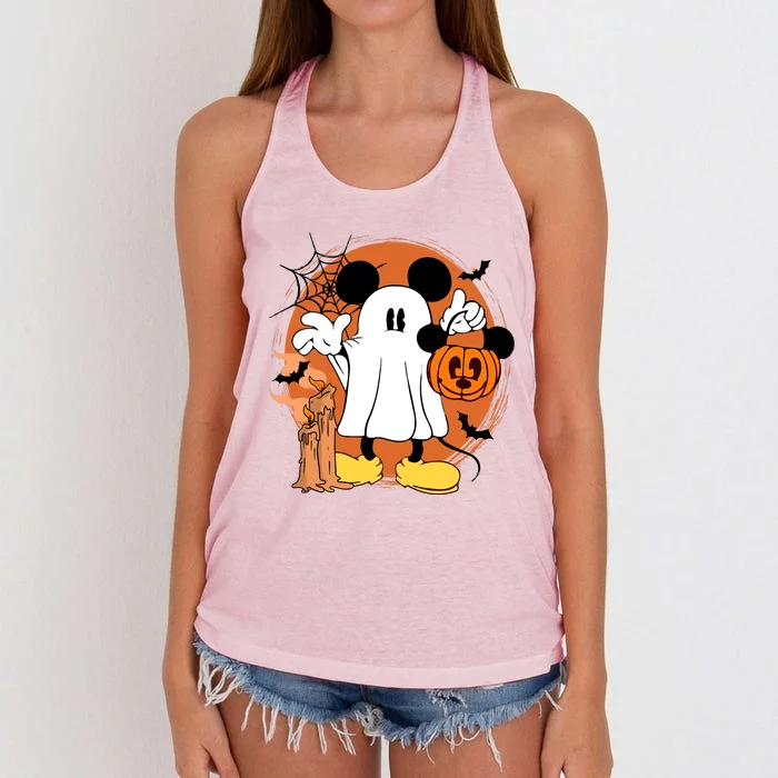 Halloween Ghost Mouse Pumpkin Retro Spooky Vibe Women's Knotted Racerback Tank