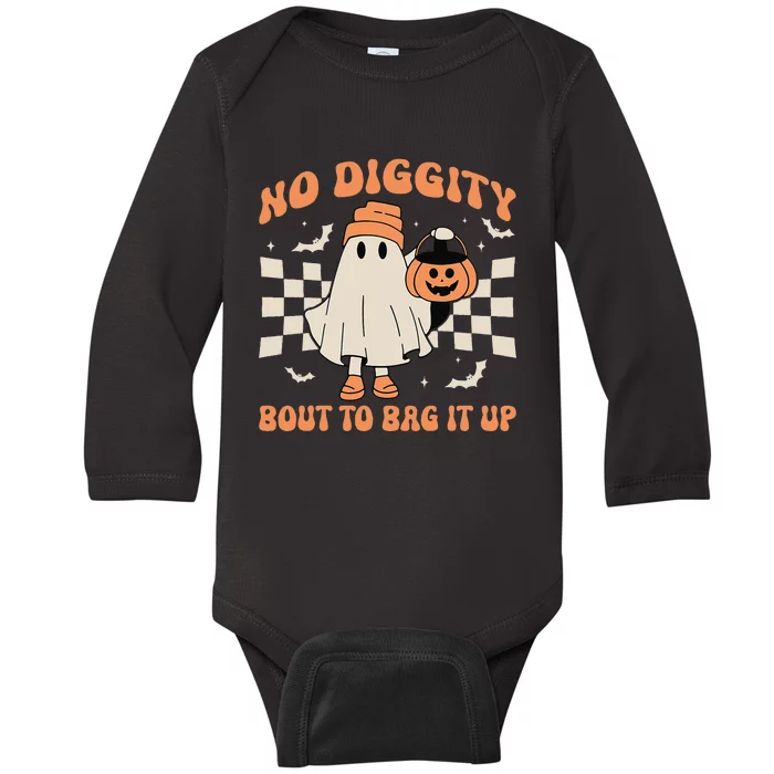 Halloween Ghost No Diggity Bout To Bag It Up Baby Long Sleeve Bodysuit