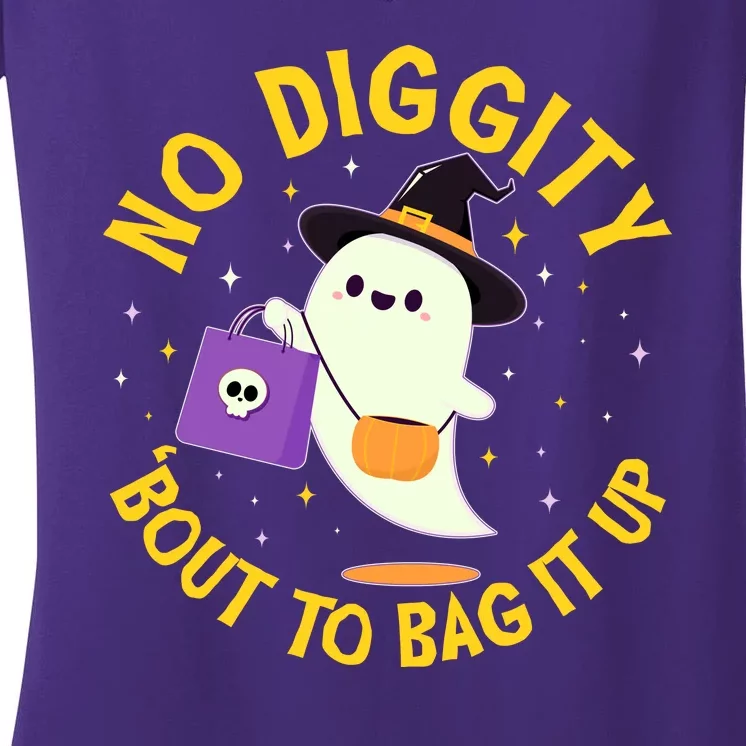 Halloween Ghost No Diggity Bout To Bag It Up Women's V-Neck T-Shirt