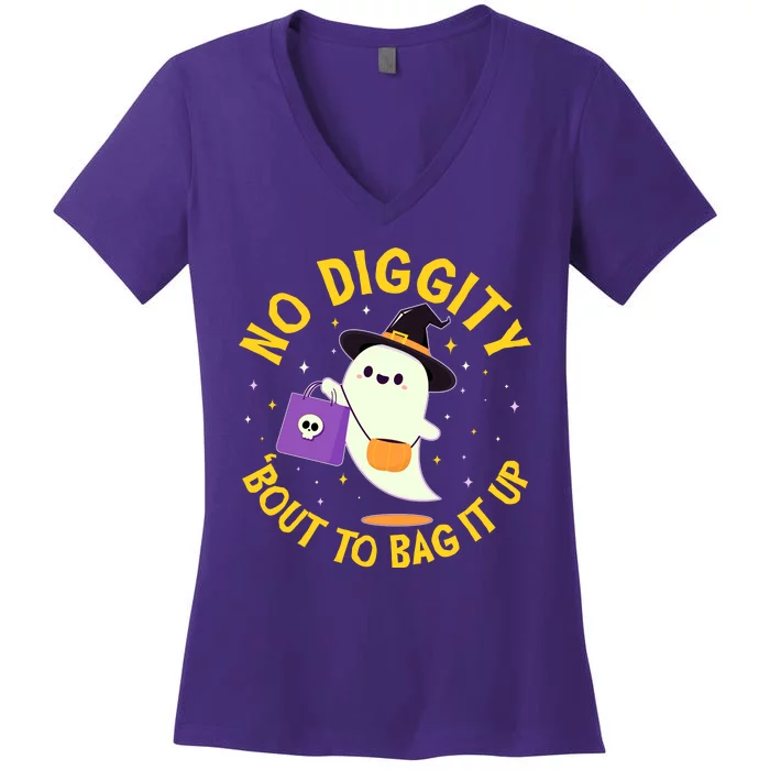 Halloween Ghost No Diggity Bout To Bag It Up Women's V-Neck T-Shirt