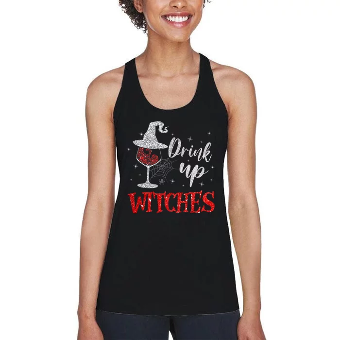 Halloween Glass Of Wine Drink Up Witches Funny Drinking Wine Women's Racerback Tank