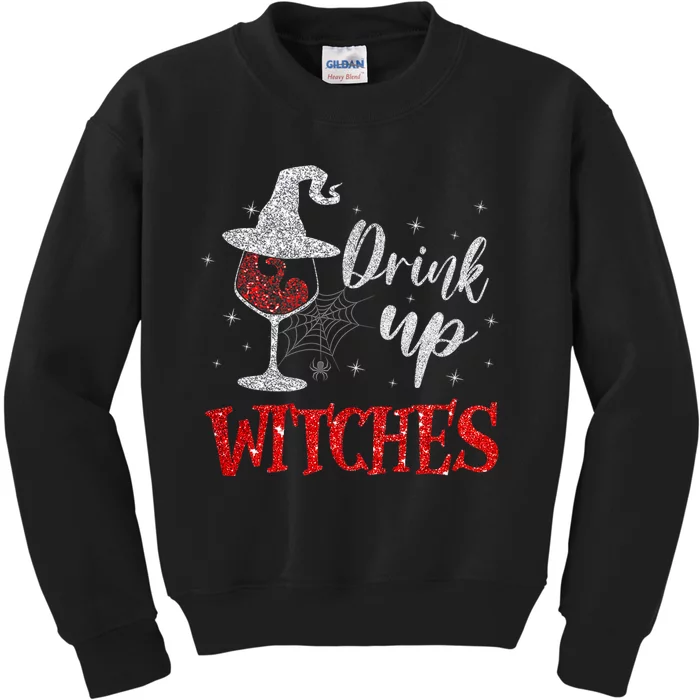 Halloween Glass Of Wine Drink Up Witches Funny Drinking Wine Kids Sweatshirt