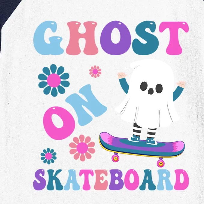 Halloween Ghost On Skateboard Cool Gift Baseball Sleeve Shirt