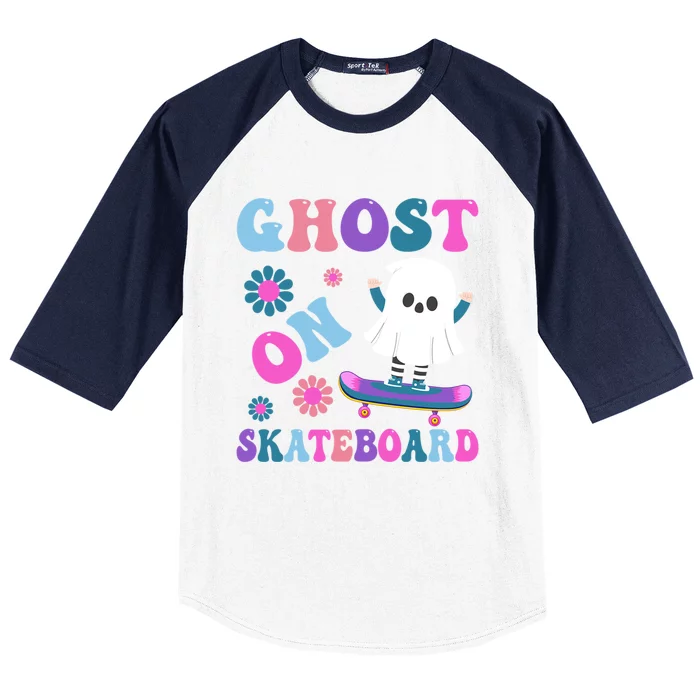 Halloween Ghost On Skateboard Cool Gift Baseball Sleeve Shirt