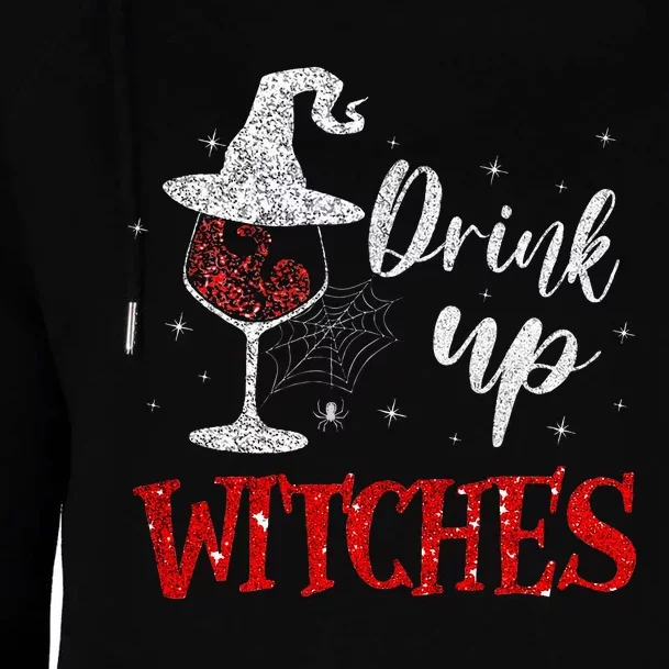 Halloween Glass Of Wine Drink Up Witches Womens Funnel Neck Pullover Hood