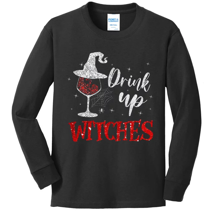 Halloween Glass Of Wine Drink Up Witches Kids Long Sleeve Shirt