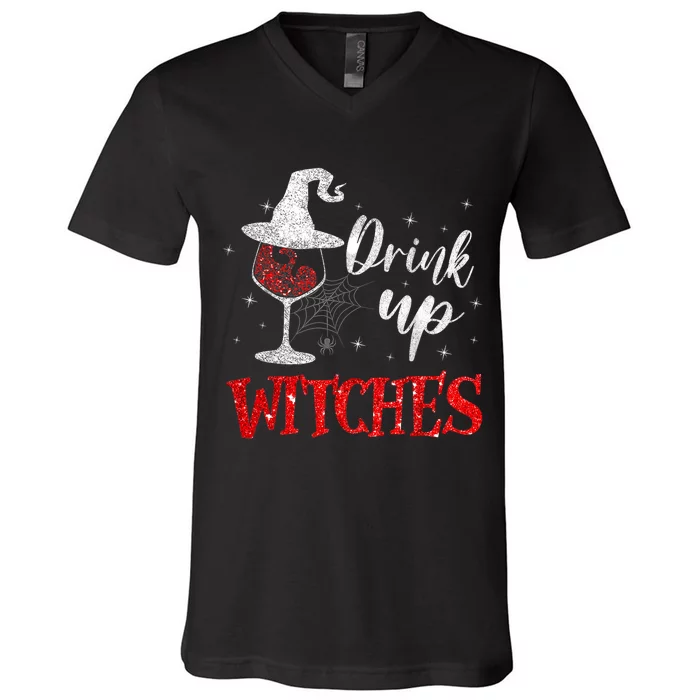 Halloween Glass Of Wine Drink Up Witches Funny Drinking Wine V-Neck T-Shirt