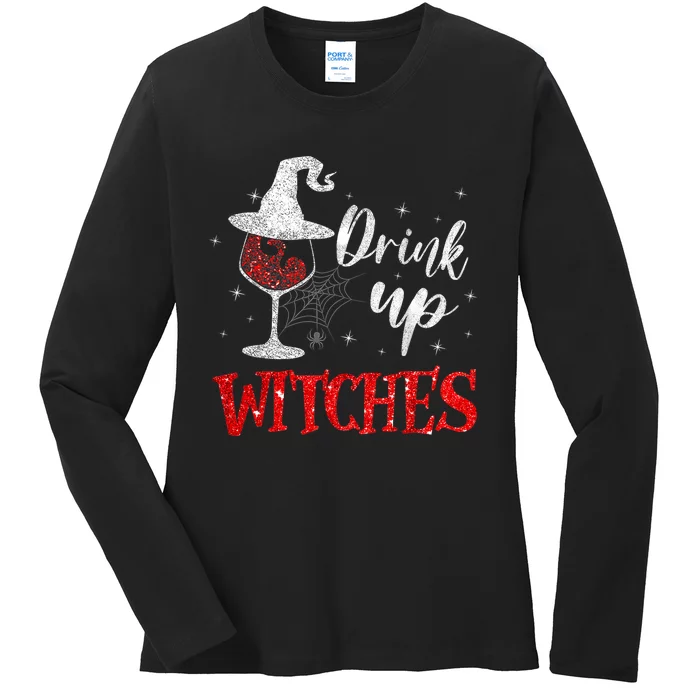 Halloween Glass Of Wine Drink Up Witches Funny Drinking Wine Ladies Long Sleeve Shirt