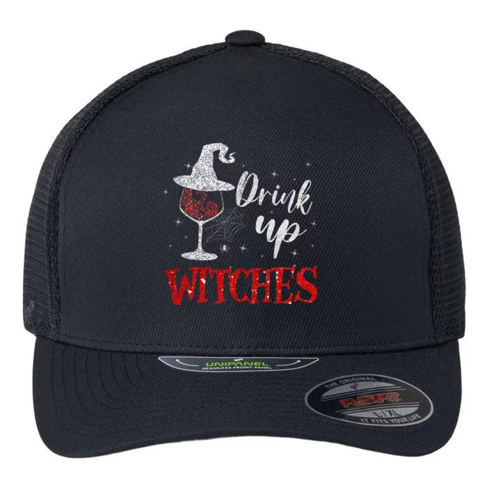 Halloween Glass Of Wine Drink Up Witches Funny Drinking Wine Flexfit Unipanel Trucker Cap