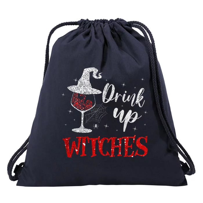 Halloween Glass Of Wine Drink Up Witche Drawstring Bag