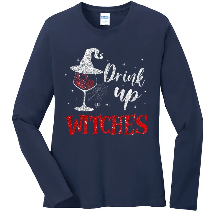 Halloween Glass Of Wine Drink Up Witche Ladies Long Sleeve Shirt