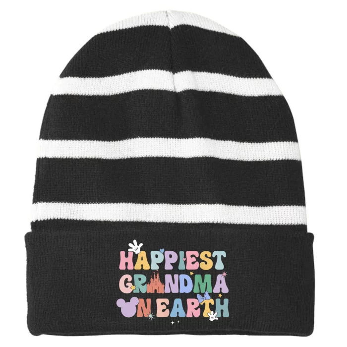 Happiest Grandma On Earth  Family Trip Happiest Place Striped Beanie with Solid Band