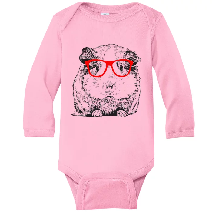 Hipster Guinea Pig In Red Glasses Pet Animal Baby Long Sleeve Bodysuit