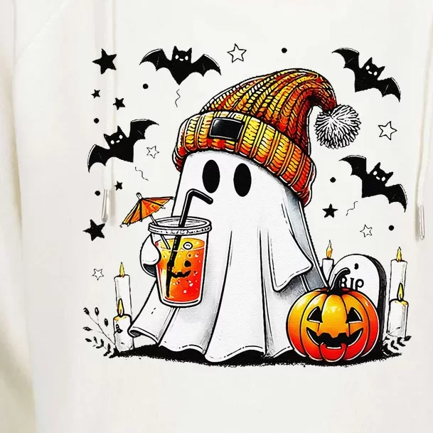 Halloween Ghost Pumpkin Spice Latte Coffee Womens Funnel Neck Pullover Hood