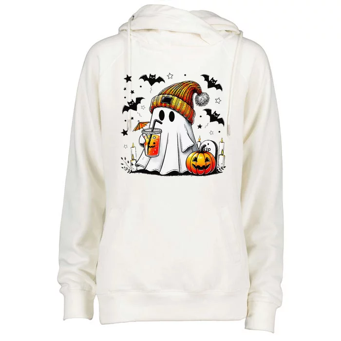 Halloween Ghost Pumpkin Spice Latte Coffee Womens Funnel Neck Pullover Hood