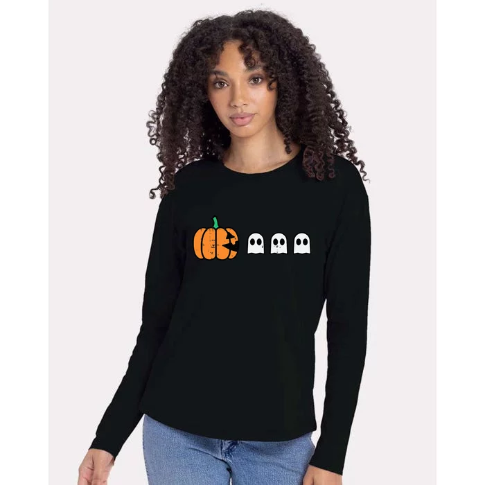 Halloween Gamer Pumpkin Eating Ghost Costume Womens Cotton Relaxed Long Sleeve T-Shirt