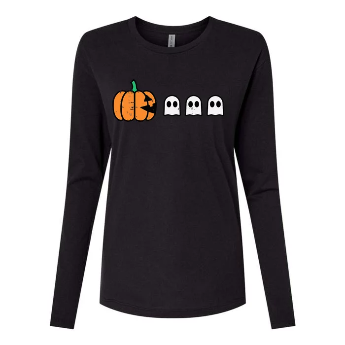 Halloween Gamer Pumpkin Eating Ghost Costume Womens Cotton Relaxed Long Sleeve T-Shirt