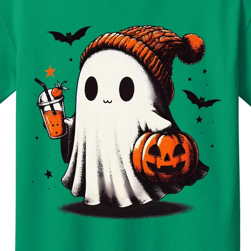 Halloween Ghost Pumpkin Fall Drinks Spooky Beanie Kids T-Shirt