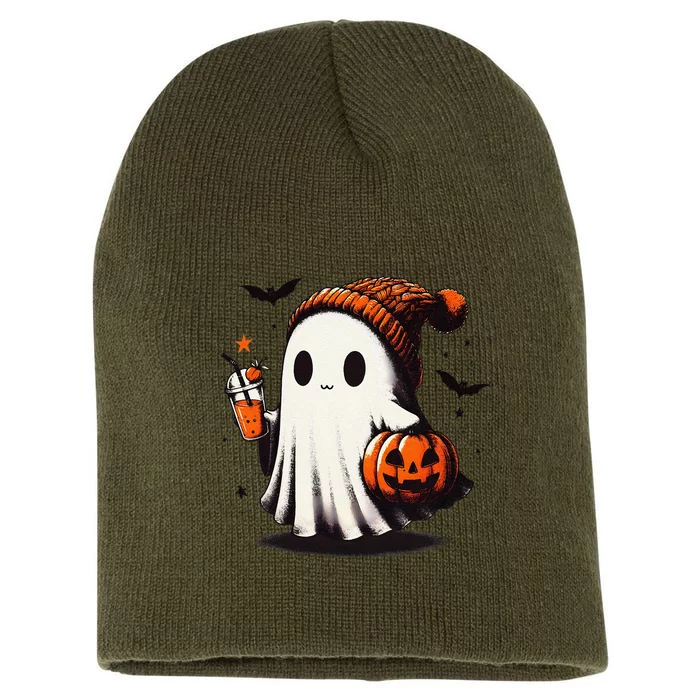 Halloween Ghost Pumpkin Fall Drinks Spooky Beanie Short Acrylic Beanie