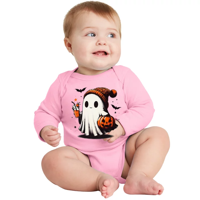 Halloween Ghost Pumpkin Fall Drinks Spooky Beanie Baby Long Sleeve Bodysuit