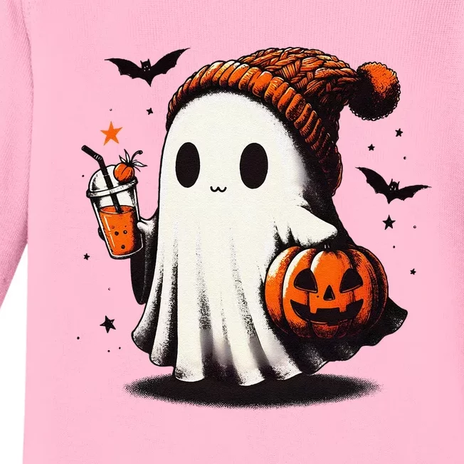 Halloween Ghost Pumpkin Fall Drinks Spooky Beanie Baby Long Sleeve Bodysuit