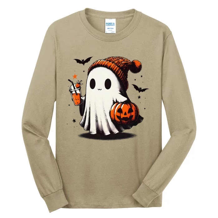 Halloween Ghost Pumpkin Fall Drinks Spooky Beanie Tall Long Sleeve T-Shirt