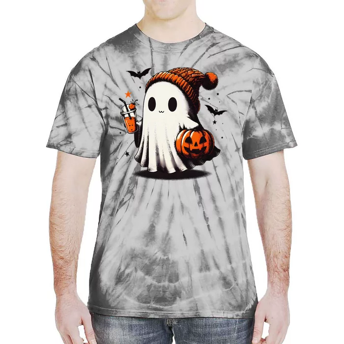 Halloween Ghost Pumpkin Fall Drinks Spooky Beanie Tie-Dye T-Shirt