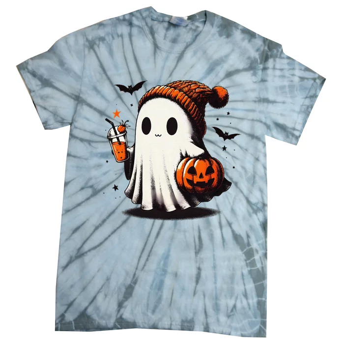 Halloween Ghost Pumpkin Fall Drinks Spooky Beanie Tie-Dye T-Shirt