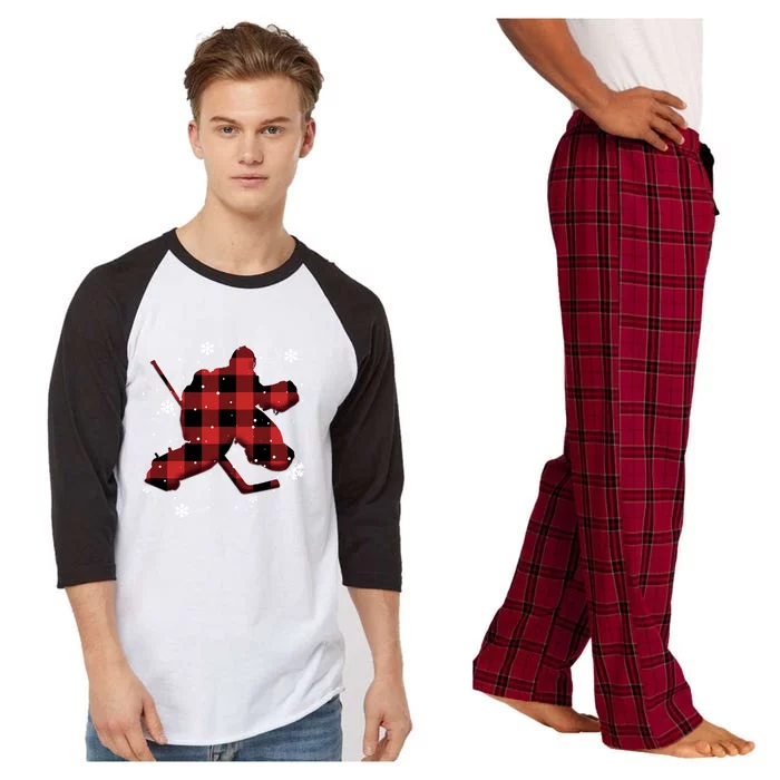 Hockey Goalie Plaid Christmas Gift Raglan Sleeve Pajama Set