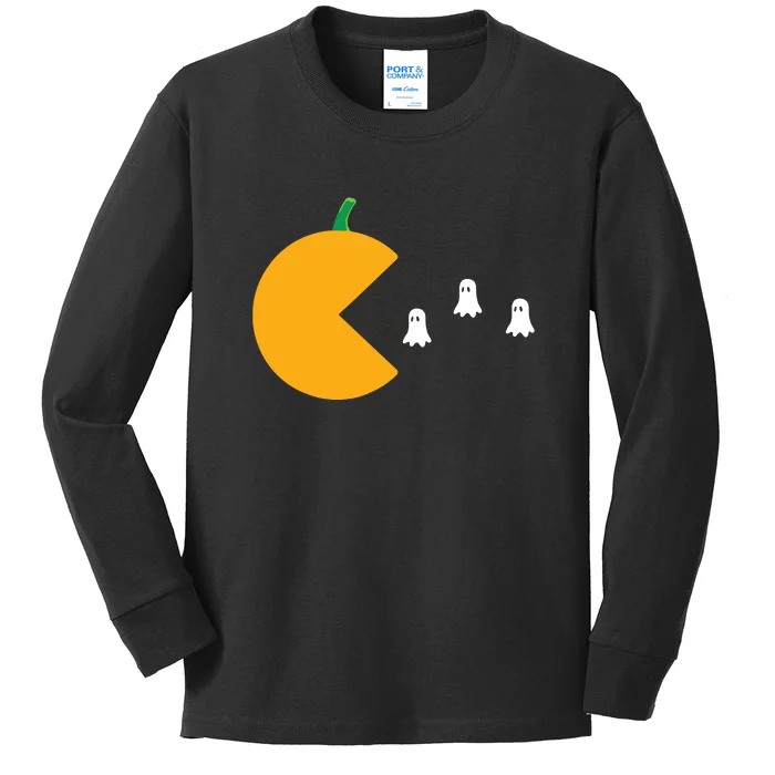 Halloween Gamer Pumpkin Eating Ghost Kids Long Sleeve Shirt