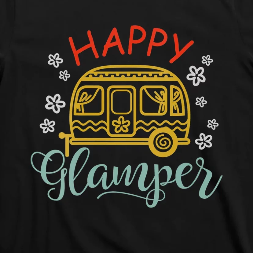 Happy Glamper Quote Adventure Awaits Funny Camper Camp T-Shirt