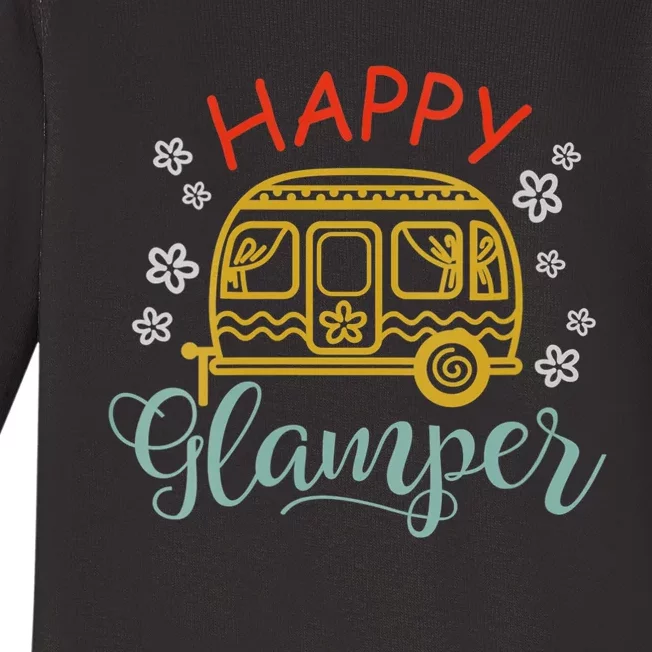 Happy Glamper Quote Adventure Awaits Funny Camper Camp Baby Long Sleeve Bodysuit