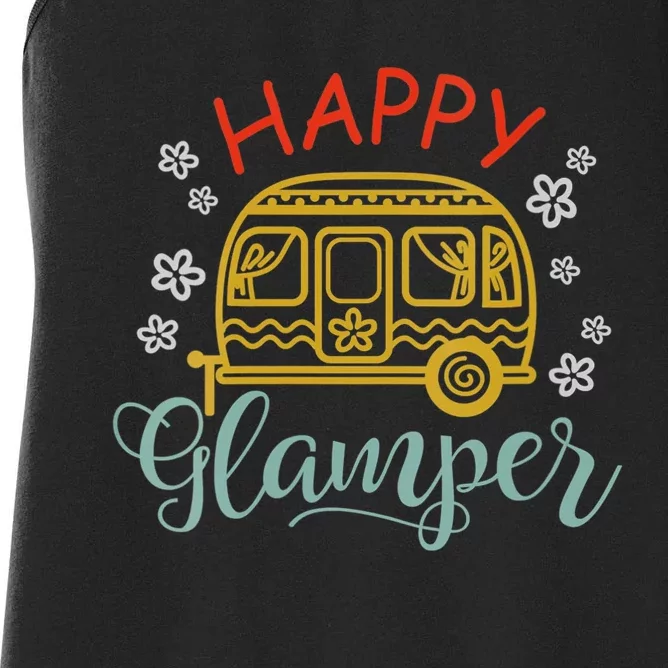 Happy Glamper Quote Adventure Awaits Funny Camper Camp Women's Racerback Tank