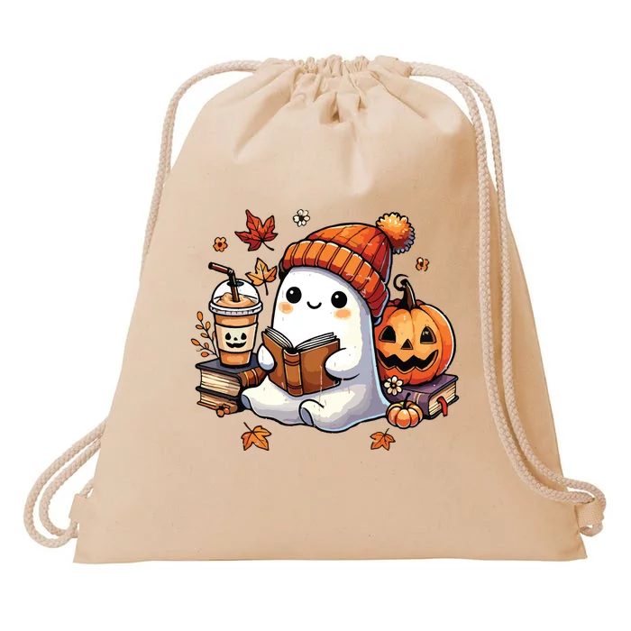 Halloween Ghost Reading Book Lovers Cute Ghost Coffee Women Drawstring Bag